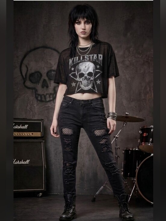 Killstar Denim - Killstar Black Distressed Mesh Skinny Jeans, Small